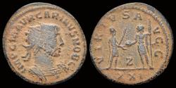 Ancient Coins - Carinus AE antoninianus emperor receiving globe with Victory from Jupiter