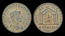 Ancient Coins - Syria Cyrrhestica Cyrrhus Philip II AE31 Zeus seated in hexastyle temple