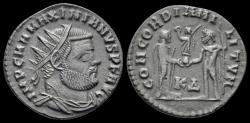 Ancient Coins - Maximianus Herculius AE radiate Jupiter presents Victory on a globe