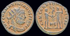 Ancient Coins - Maximianus Herculius AE radiate Jupiter presents Victory on globe