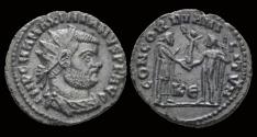 Ancient Coins - Maximianus Herculius AE radiate emperor accepting Victory on globe