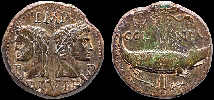 Ancient Coins - Augustus and Agrippa AE As; Nemausus. Gaul – Chained crododile – Strong portraits; well-centered on a large flan for type