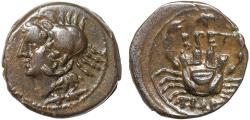 Ancient Coins - Bruttium. The Brettii: AE quartuncia – Sea-goddess (Amphitrite?)/Crab