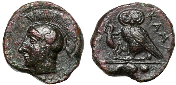 Ancient Coins - Sicily, Kamarina: AE tetras - Athena/Owl and lizard - Very early bronze, 420-410 BC