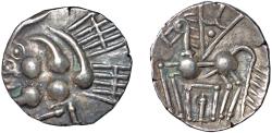 Ancient Coins - Gaulic Celts: Elusates AR drachm – Stylized Apollo head/Stylized Pegasus – EF