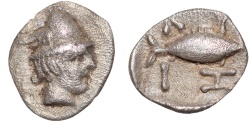 Ancient Coins - Mysia. Kyzikos AR tetartemorion – Hermes/Tunny – Rare