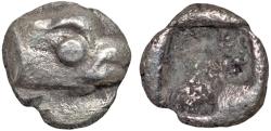 Ancient Coins - Ionia. Phokaia: AR tetartemorion – Head of seal/Incuse square – Excellent example of this tiny type