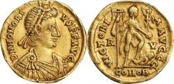 Ancient Coins - HONORIUS, A.D. 393-423. AV Solidus (4.33 gms), Ravenna Mint, ca. A.D. 402-406. CHOICE VERY FINE. Scratches, Tooled.  RIC-1287; Depeyrot-7/1. Obverse: Diademed, draped and cuirassed