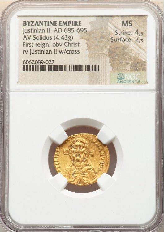 Ancient Coins - Justinian II, first reign (AD 685-695). AV solidus (20mm, 4.43 gm, 6h). NGC MS