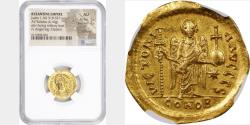 Ancient Coins - JUSTIN I, 518-527. AV Solidus (4.16 gms), Constantinople Mint, 6th Officina, ca. 522-527. NGC AU