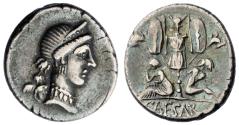 Ancient Coins - Roman Republic, Julius Caesar, AR Denarius, military mint traveling with Caesar in Spain,
