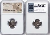 Ancient Coins - Q. Philippus (ca. 129 BC). AR denarius (17mm, 12h). NGC VF. Rome. Head of Roma