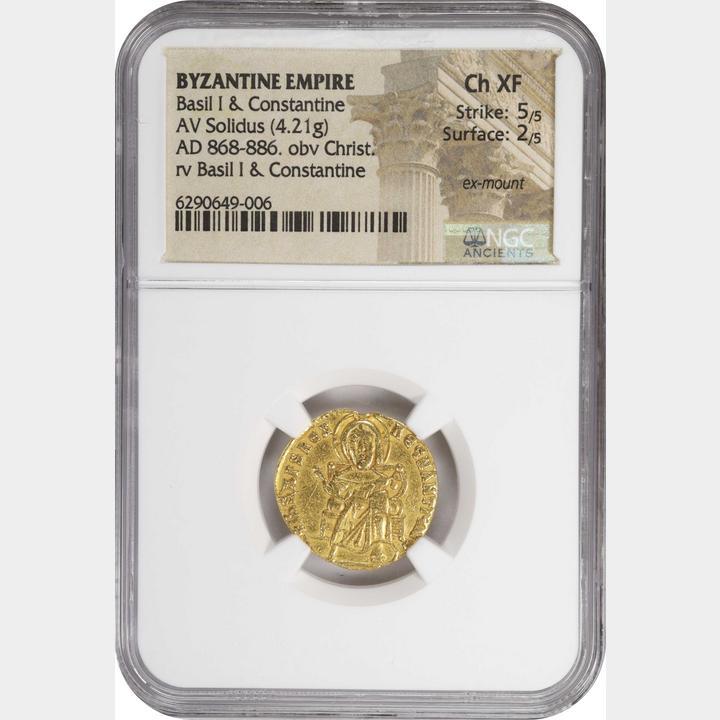 Ancient Coins - BASIL I with CONSTANTINE, 867-886. AV Solidus (4.21 gms), Constantinople Mint. NGC Ch EF,