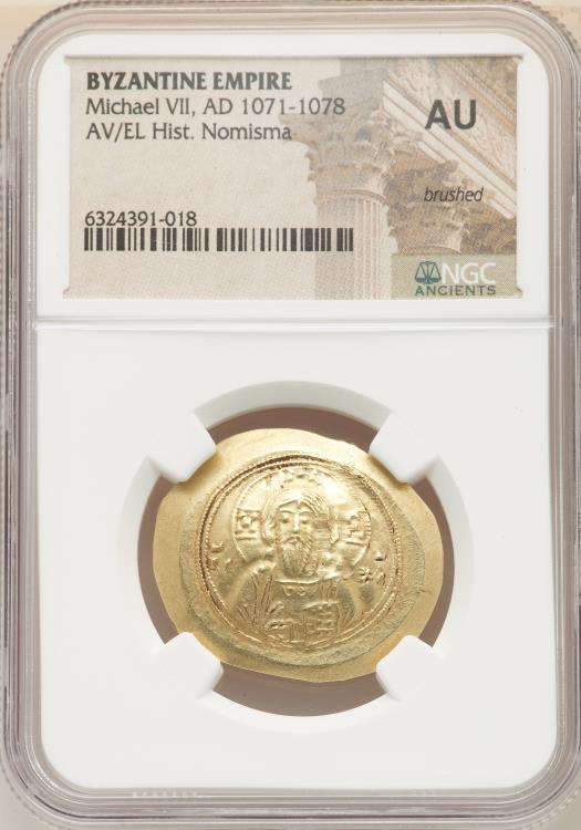 Ancient Coins - Michael VII Ducas (AD 1071-1078). AV/EL histamenon nomisma scyphate (30mm, 6h). NGC AU
