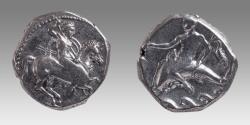 Ancient Coins - CALABRIA, Tarentum. Circa 290-281 BC. AR Nomos (20mm, 7.85 g, 4h). Nude warrior on horseback