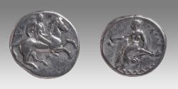 Ancient Coins - CALABRIA, Tarentum. Circa 344-340 BC. AR Nomos (22mm, 7.64 g). Warrior on horse