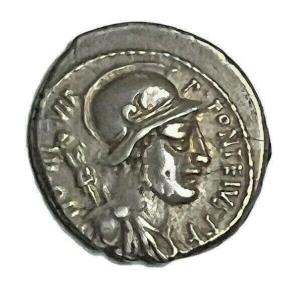Ancient Coins - P. Fonteius P.f. Capito. 55 BC. AR Denarius (19mm, 3.78 gm). Helmeted and draped bust of Mars