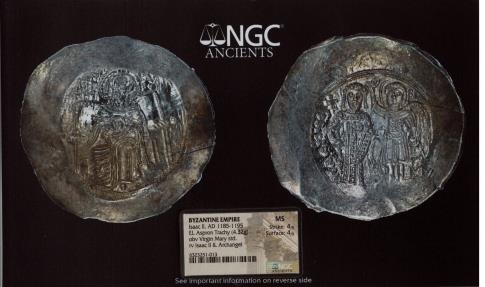 Ancient Coins - Isaac II Angelus (AD 1185-1195). EL aspron trachy (30mm, 4.32 gm, 6h). NGC (photo-certificate) MS