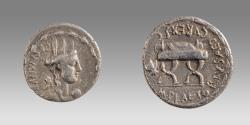 Ancient Coins - Roman Republic M. Plaetorius M.f. Cestianus, 57 BC. Silver Denarius (18 mm, 3.78 g, 20 h), Rome.