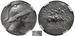 Ancient Coins - KINGS of BAKTRIA, Eukratides I. Circa 170-145 BC. AR Tetradrachm. NGC-Choice AU.