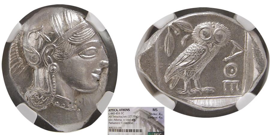 アッティカアテネ　440-404BC Ch XF Attica Athens c.440-404 BC AR Tetradrachm NGC Ch XF 0139683
