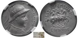 Ancient Coins - KINGDOM of BAKTRIA, Eukratides I. Circa 170-145 BC. AR Tetradrachm. NGC-Choice AU.
