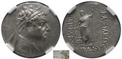 Ancient Coins - KINGS of BAKTRIA, Heliocles I. ca. 145-130 BC. AR Tetradrachm. NGC-AU.