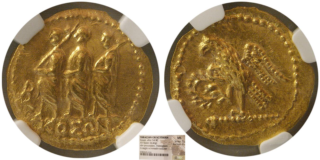 THRACIAN OR SCYTHIAN, Coson. after 54 BC. Gold Stater. NGC-MS. Fully ...