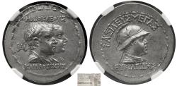 Ancient Coins - KINGDOM of BACTRIA, Eucratides I, with Heliocles and Laodice. AR Tetradrachm. NGC-AU*. Fine Style.