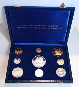 World Coins - IRAN: 2500TH ANNIVERSARY OF PERSIAN EMPIRE, COMPLETE GOLD AND SILVER COINS SET WITH BOX, CERTIFICATE & FIRMAN, 1971, UNC. PROOF, A BEAUTY!