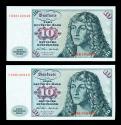 World Coins - GERMANY: 2 Consecutive 1970 10 Mark Banknotes Paper Money, Gem UNC.!
