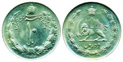 World Coins - IRAN, PAHLAVI: 1964 Large Copper-Nickle 10 Rials SH 1343 Superb UNC.!