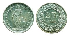 World Coins - SWITZERLAND: 1945 B SILVER 2 FRANCS EF+