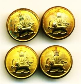 World Coins - IRAN: Pahlavi era 4 Bronze military Buttons, Lion and the Sun, High Quality SPORRONG Sweden