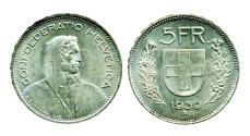 World Coins - SWITZERLAND: 1939 B SILVER 5 FRANCS WILLIAM TELL
