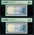 World Coins - IRAN: 2 Consecutive Young Shah Pahlavi 10 Rials Banknote, Simorgh, SH 1327 (1948), SUPER UNC. Pair, PMG-64