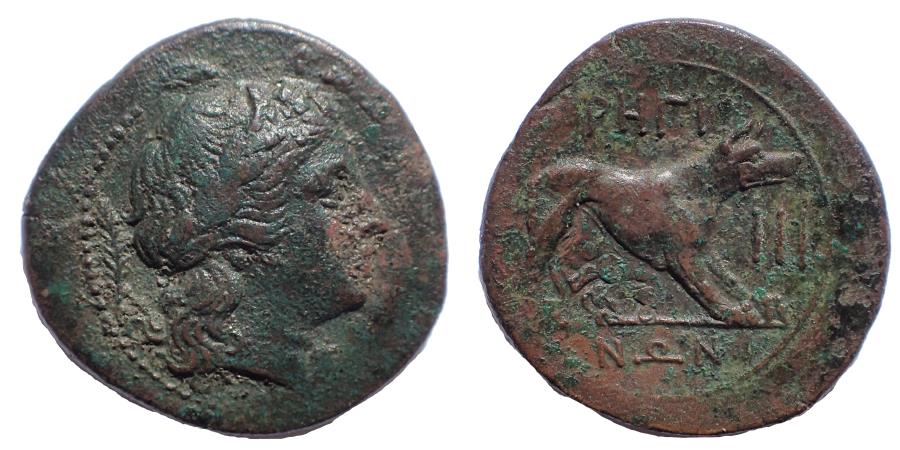 Bruttium, Rhegium Tetras, Second Punic War, circa 215-211, Æ 25. Rare.