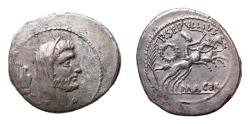 Ancient Coins - P. Sepullius Macer, Ar denarius. 44 BC. Earliest portrait of Marc Antony. Very Rare.