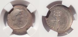 Ancient Coins - Marc Antony and Octavian, as Imperatores and Triumviri (44-30 BC). AR denarius. NGC Choice VF 4/5. Rare.