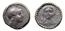 Ancient Coins - Aeolis, Myrina. AR Hemidrachm. Ancient gold bezel. Rare.