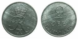 World Coins - DENMARK.Federik IX 1947-1972.Zinc.2 Ore.1967