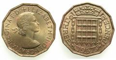 World Coins - UNITED KINGDOM.Elizabeth II 1952-2022.Nickel-Brass. Threepence.1967. Second issue omitting BRIT.OMN