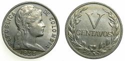 World Coins - COLOMBIA.Republic.Copper-Nickel.5 Centavos.1938.