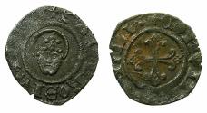 World Coins - ITALY.MILAN.2nd Republic AD 1447-1450.AE.Denaro. Head of Saint Ambrose.