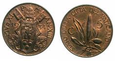 World Coins - ITALY.VATICAN CITY.Pope Pius XI 1922-1939.Bronze.5 Centesimi.1934 ( ANNO XIII ).