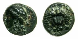 Ancient Coins - IONIA.Island of SAMOS.Circa 394-365 BC.AE.11.4mm. Hera. Lion scalp.