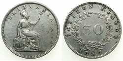 World Coins - GREECE.IONION ISLANDS.British Administration.AR.30 Lepta 1857.No Dot.Scarce.