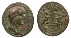 Ancient Coins - CARIA.APHRODISIAS.Pseudo automous issue.Severan period circa AD 193-235.AE.20.6mm ( Half Assarion ). Boule. Two Erotes playing astragali.