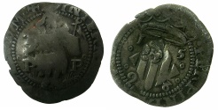 World Coins - SPAIN.PERPIGNAN.Philip II of Spain AD 1556-1598.Billon 2 Sols 1598. ~Countermark Head of Baptist.