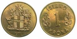 World Coins - ICELAND.republic.Nickel-Brass.One Kronur.1971.